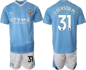 Manchester City Ederson M. #31 Thuisshirt 2023-2024 Voetbalshirts Korte Mouw (+ Korte broeken)