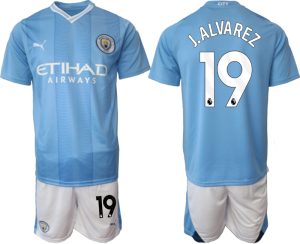 Manchester City Julian Alvarez #19 Thuisshirt 2023-2024 Voetbalshirts Korte Mouw (+ Korte broeken)