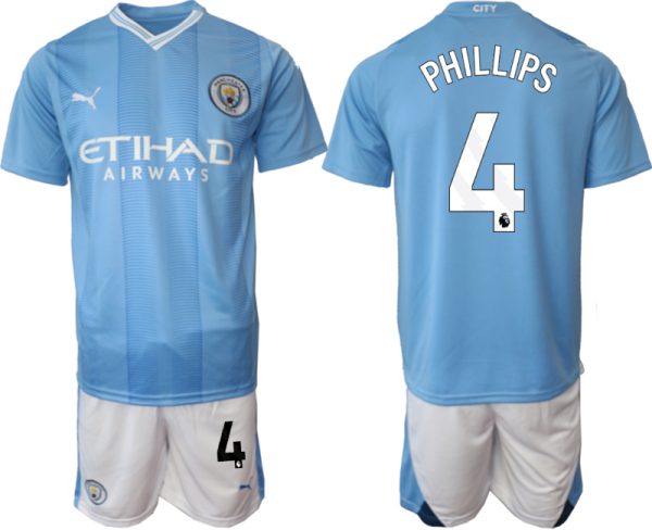 Manchester City Kalvin Phillips #4 Thuisshirt 2023-2024 Voetbalshirts Korte Mouw (+ Korte broeken)