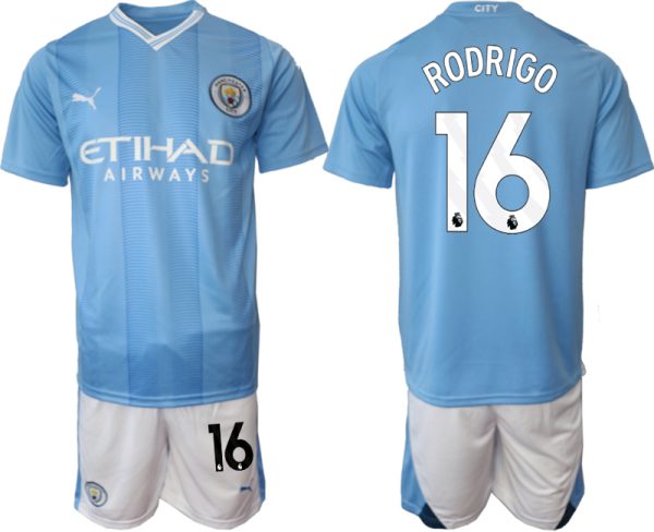 Manchester City Rodrigo #16 Thuisshirt 2023-2024 Voetbalshirts Korte Mouw (+ Korte broeken)