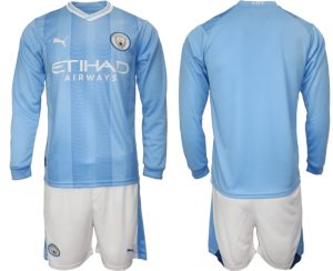 Manchester City Thuisshirt 2023-2024 Voetbalshirts Lange Mouw (+ Korte broeken)