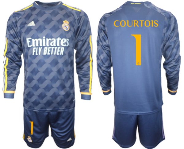 Real Madrid Thibaut Courtois #1 Uitshirt 2023-24 Mensen Lange Mouwen (+ Korte broeken) Voetbalshirts